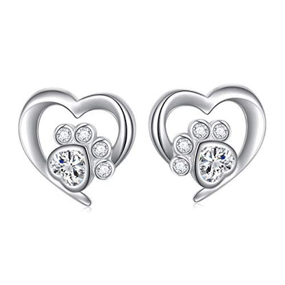 FLYOW 925 Sterling Silver Cute Paw Print Forever Love Heart Pendant Necklace/Bracelet/Stud Earrings Gift for Women, Box Chain 18" - style: Paw Stud