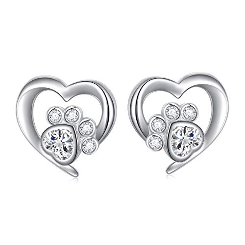 FLYOW 925 Sterling Silver Cute Paw Print Forever Love Heart Pendant Necklace/Bracelet/Stud Earrings Gift for Women, Box Chain 18" - style: Paw Stud