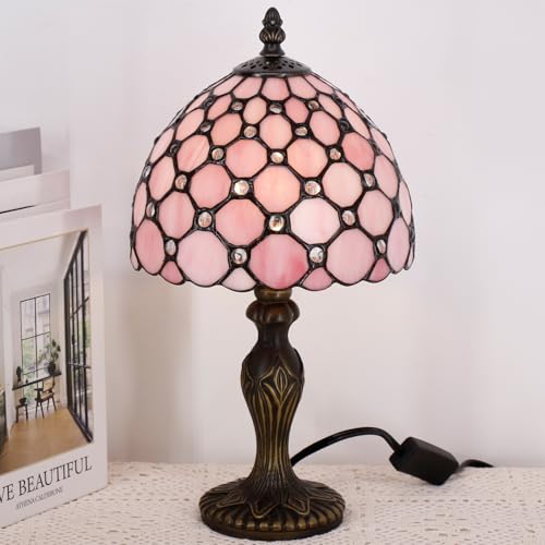 Small Tiffany Stained Glass Table Lamp,Pink | Mini Desk Accent Light, Bedroom Bedside Reading, Antique Style Decor, 8X15 Inches - color: Pink
