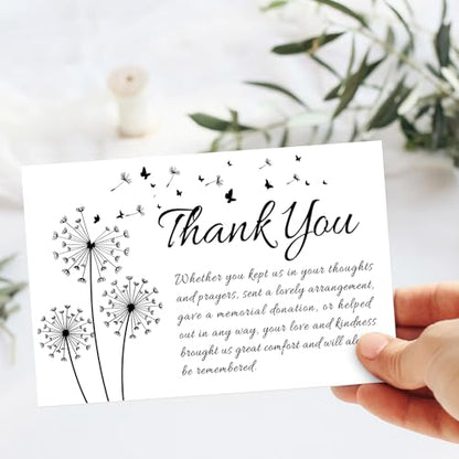 FYSUIMU 50Pcs Funeral Thank You Cards Bulk Boxed Black Dandelion Sympathy Thank You Cards with Sticker Envelope Bereavement Card for Memorial Service Loved Ones Celebration of Life - style: Dandelion