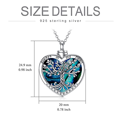 TOUPOP Tree of Life Urn Necklaces for Ashes 925 Sterling Silver Heart Cremation Jewelry Memorial Keepsake Jewelry with Funnel Filler for Women Men - color: A-Heart Tree of Life-Abalone Shell