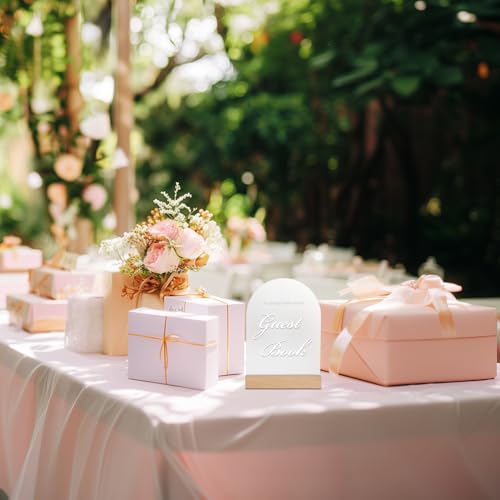Acrylic Wedding Guest Book Sign for Reception with Wood Stand, 5 x 7 | Wedding signage encourages guests to sign the guest book; frosted acrylic table sign with white text and beech wood stand. - size: Guest Book Sign