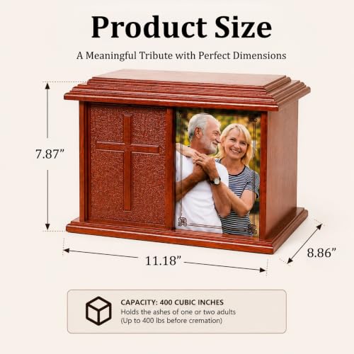 Double Companion Urn for 2 Adults Holds Up to 400 Cubic Inches Wooden Cremation Urn for Human Ashes with 4 x 6 Photo Frame Carved Cross Memorial Urn for Husband Wife Parents