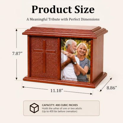 Double Companion Urn for 2 Adults Holds Up to 400 Cubic Inches Wooden Cremation Urn for Human Ashes with 4 x 6 Photo Frame Carved Cross Memorial Urn for Husband Wife Parents
