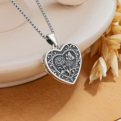 PELOVNY Birth Flower Locket Necklace for Women 925 Sterling Silver Flower Butterfly Heart Photo Locket Pendant Birthday Christmas Jewelry Gifts for Mom Daughter Wife Sister - color: 10-Marigold