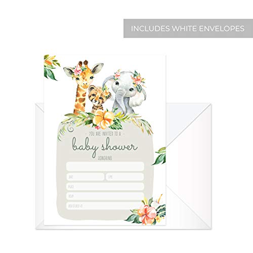 Canopy Street Boho Safari Animal Baby Shower Invites / 25 Welcome Baby Desert Animals Party Invitations / 5" x 7" Flat Floral New Baby Party Invitation Cards/Made In The USA - color: Boho Safari Animal