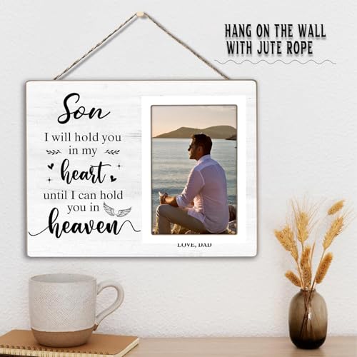 Memorial Photo Frame, Sympathy Gifts for Loss of Son, in My Heart, in Loving Memory Wooden Picture Frame, Bereavement Remembrance Funeral Passed AWay Condolence Gifts (White-Son, 4 x 6 Photo) - color: White-Son