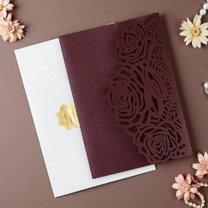 Laser Cutting Invitation Card Greeting Card Graduation Party Rose Flower Wedding Birthday Party Invitations Invitation Pocket With Envelope (Burgundy) | Greeting Card, Graduation Party, Rose Flower, Wedding Birthday Party Invitations, Invitation Pocket Wi