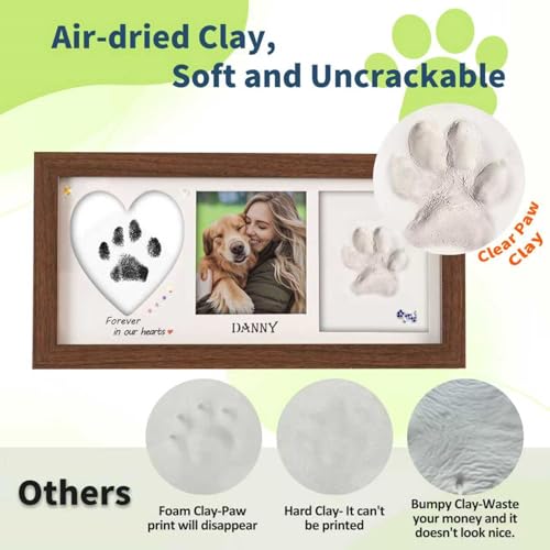 Pet Paw Print Frame Kit with Inkless Pad & Air-Dry Clay, Wooden Memorial Keepsake with Shatterproof Plexiglass for Dogs & Cats - color: brown