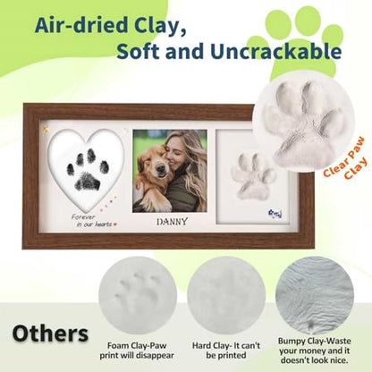 Pet Paw Print Frame Kit with Inkless Pad & Air-Dry Clay, Wooden Memorial Keepsake with Shatterproof Plexiglass for Dogs & Cats - color: brown