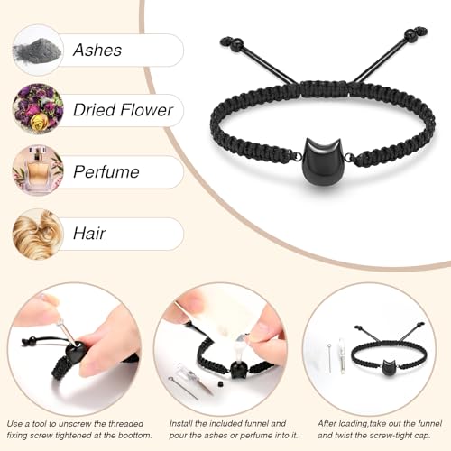 Oinsi Cat Urn Bracelet Cremation Jewelry for Pets Ashes Keepsake Handmade Braided Rope Adjustable Bangle Stainless Steel Urn Bangle Memorial Jewelry - color: C-Black