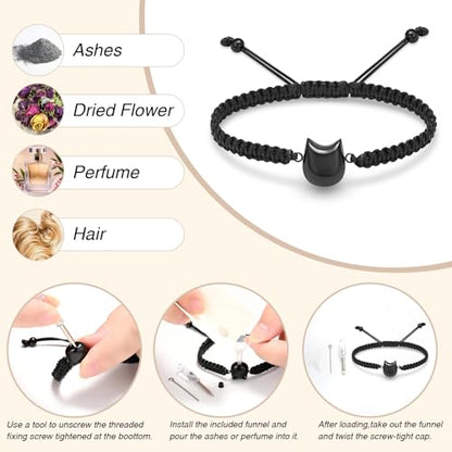 Oinsi Cat Urn Bracelet Cremation Jewelry for Pets Ashes Keepsake Handmade Braided Rope Adjustable Bangle Stainless Steel Urn Bangle Memorial Jewelry - color: C-Black