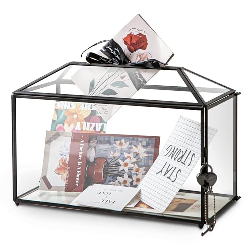 12.6" x 6" x 9" Wedding Glass Card Box with Slot and Lock for Wishing Well, Keepsake, Envelope - Birthday Party Reception Decor, Black (Glass Box Only) Slot Length 7.3 Inches - color: D-Big Black Card Box 12.6''