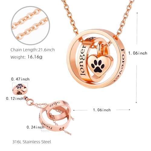 Cremation Jewelry for Ashes Pendant Dog/Cat Funeral Keepsake Urn Necklace Paw Print Memorial Necklace Forever in My Heart,No Longer by My Side Pet - color: Rose Gold