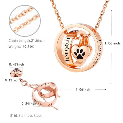Cremation Jewelry for Ashes Pendant Dog/Cat Funeral Keepsake Urn Necklace Paw Print Memorial Necklace Forever in My Heart,No Longer by My Side Pet - color: Rose Gold