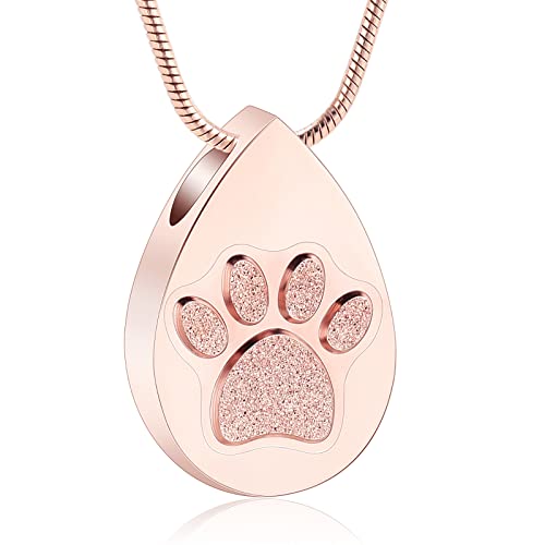 Droplet Shape Cremation Jewelry for Dog/Cat Paw Print for Ashes Keepsake Memorial Urn Pendant Necklace with Stainless Chain and Fill Kits for Men Women - color: Rose gold