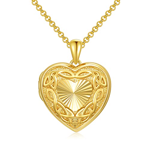 SOULMEET 10K 14K 18K Solid Gold Personalized Sunflower/Starburst/Cross/Rose/Lotus/Butterfly/Turtle/Celtic/Bee Heart Locket Necklace That Holds Picture Gift Choice - style: L-Gold plated celtic heart locket only