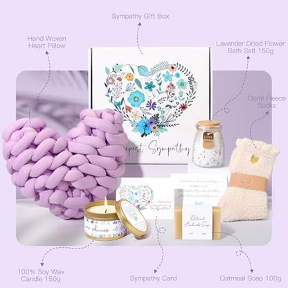 Sympathy Gift Baskets for Loss of Loved One Mother Father Husband Mom Dad, Memorial Condolences Bereavement Grief Gifts for Loss, Miscarriage Gifts for Mothers Women Care Package Box w/Purple Pillow
