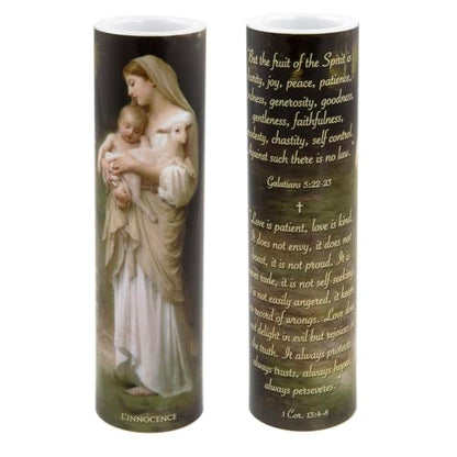 L'Innocence. LED Flameless Devotion Prayer Candle, Religious Gift, 6 Hour Timer for More Hours of Enjoyment and Devotion! Dimensions 8.1875" x 2.375"