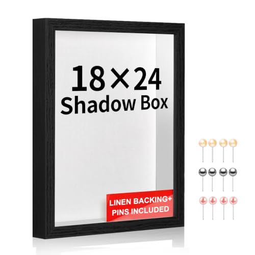 18x24 Large Shadow Box Frame with Thickened Acrylic Panel & Pins | With Linen Back, Upgraded 1.7" Deep Black Shadow Box Display Case – Display on Tabletop or Wall for Jersey,weddings, Keepsake - color: Black + Thickened Panel + Foam Packaging, size: 18x24