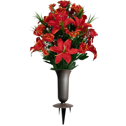 Sympathy Silks Artificial Cemetery Flowers - Gravesite Flowers - Fire Red Lily, Rose, and Daisies (1) Cemetery Vase Included - color: Fire Red, size: Bouquet with Vase