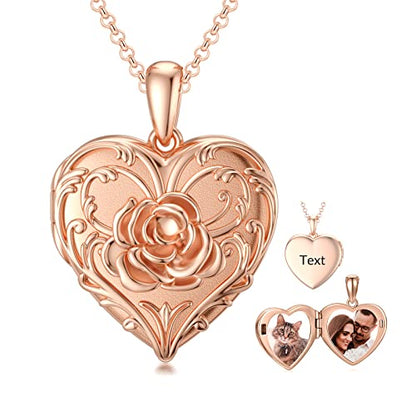 SOULMEET Sunflower/Rose/Daisy Heart Locket Necklace That Holds Pictures Keep Someone Near to You Sterling Silver/Gold Personalized Photo Locket Gift - style: A3-Rose gold rose locket+photo+text