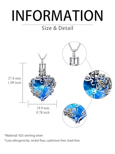JKR Heart Urn Necklace for Ashes Crystal Keepsake Pendant Memorial Jewelry - style: Bee-Blue Heart