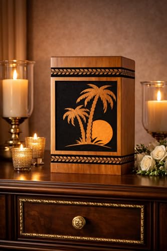 Urn with Tropical Palm Tree & Sunset Design – Decorative Cremation Urn for Ashes – Memorial Keepsake Box [Available urn Box in 5 Different Sizes] ((Full Size 14X7.5 600 Cubic INCHES))
