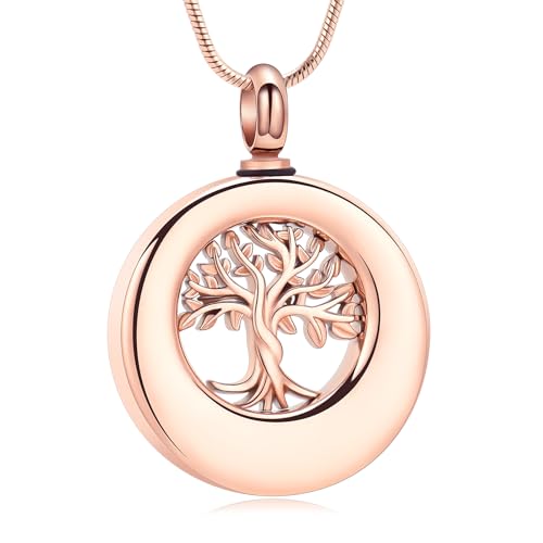 Hearbeingt Tree of Life Urn Necklaces for Ashes Circle Cremation Jewelry - color: A-Rose Gold