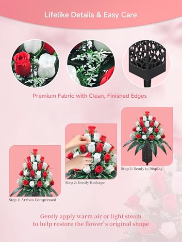 Mirevielyn 2-Pack 24-Stem Artificial Rose Cemetery Flowers with Vases - color: Red & White
