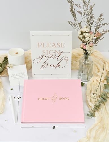 Wedding Guest Book, Polaroid Photo Guestbook for Baby Shower, 9x7.5" | Table Sign Included, Gold Stamping, Twill-Textured Hardcover, Perfect For Bridal Party & Baby Shower, Pink - color: Flower-pink