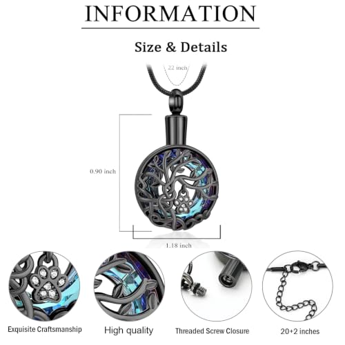 zeqingjw Pet Cremation Jewelry Tree of Life Urn Necklace for Ashes for Dog/Cat Funeral Ashes Keepsake Paw Print Urn Pendant Memorial Jewellery - color: Black-Blue