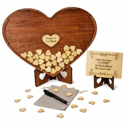 Wooden Heart Memorial Guest Book Alternative, Featuring-Forever in Our Hearts, Signing Hearts with Display Stand (135 Trinkets) - size: 135 Trinkets
