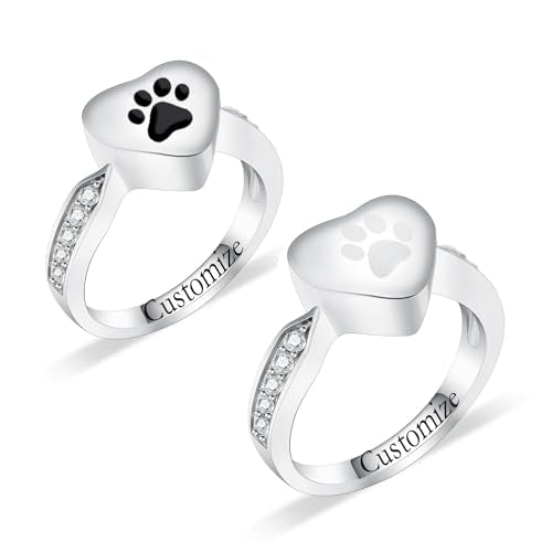 Heart Paw Print Cremation Urn Ring for Human Ashes for Women Men with Crystals, Forever in My Heart Pet Ashes Memorial Keepsake Ring - color: Customize