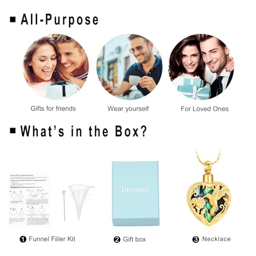 Imrsanl Hummingbird Cremation Jewelry Heart Urn Necklace for Ashes for Women Men Memorial Keepsake Ash Pendants of Loved Ones - color: Gold