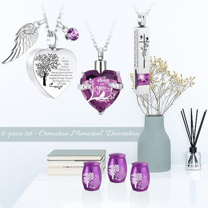Weikui Cremation Urn Necklace Set of 6 - Small Stainless Steel Urns for Human/Pet Ashes - Keepsake Sharing Urns - Memorial Ashes Holder - Life Tree Pattern - Purple Customized - color: 6pcs-purple Customized