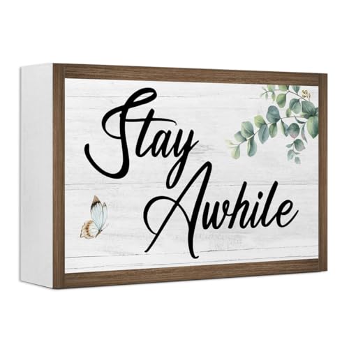Stay Awhile Wooden Box Sign Desk Decor,Rustic Farmhouse Love Sign Wood Block for Home Bedroom Shelf Tabletop Wall Decor - color: Stay Awhile