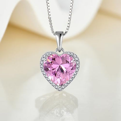 925 Sterling Silver Halo Heart Necklace for Women | Lwsary Love Heart Necklace, Heart Cut Birthstone Jewelry for Her - color: Pink