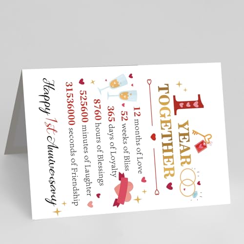 YiKaLus Happy 1st Anniversary Card,Romantic 1 Year Gifts for Him Her Couple | Sweet First Anniversary Greeting Card with Golden Number One and Love Ring Decor,Matching Red Envelope 8x5.3 Inch - style: card 469