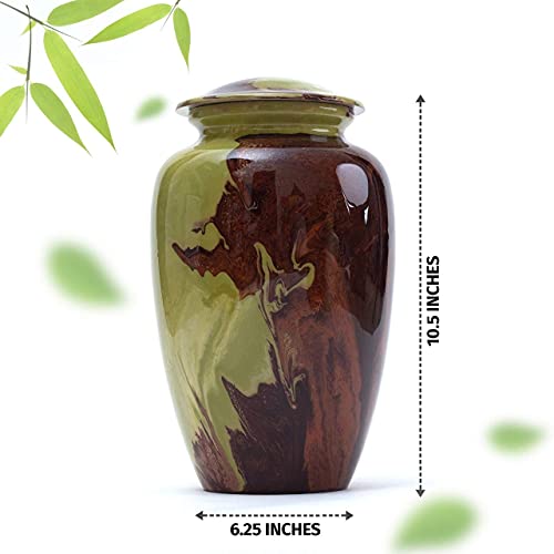 BOLD & DIVINE Beautiful Hand-Painted Adult Cremation Urn | 200 Cubic Inches | Urn Vase with Velvet Pouch - color: Green and Brown