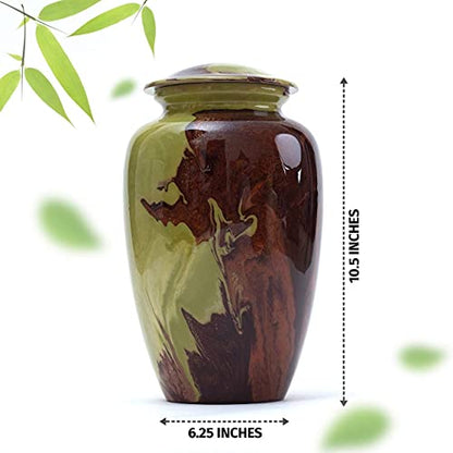 BOLD & DIVINE Beautiful Hand-Painted Adult Cremation Urn | 200 Cubic Inches | Urn Vase with Velvet Pouch - color: Green and Brown