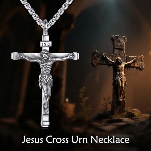 925 Sterling Silver Cross Necklace for Men & Women Crucifix Jesus/Cross Pendant with 22"+2" Stainless Steel Chain Jewelry Gift for Christmas, Father's Day, Mother's Day, Birthday-Gift Box Included - style: C03 Crucifix Urn
