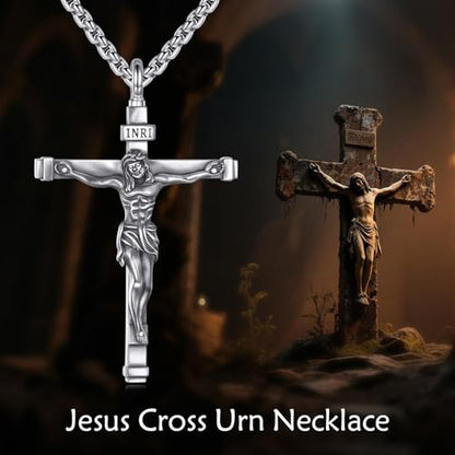 925 Sterling Silver Cross Necklace for Men & Women Crucifix Jesus/Cross Pendant with 22"+2" Stainless Steel Chain Jewelry Gift for Christmas, Father's Day, Mother's Day, Birthday-Gift Box Included - style: C03 Crucifix Urn