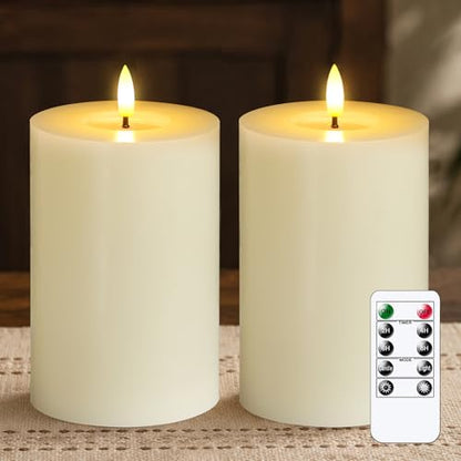 Flameless Real Wax 4" x6" Ivory Timer Remote Pillar Candle Grease Design, Battery Operated Long Lasting 3D Wick LED Flickering Pack of 2 Fake Candles Warm Light