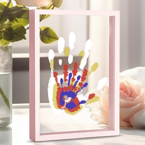 CHERRY CHEERS Family Handprint Kit, DIY Craft Keepsake Wooden Frame, Endless Gift Set, Non-Toxic Paints, Transparent Sheets (Pink) - color: Pink