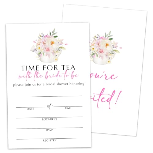 WwongxianB Time For Tea Bridal Shower Invitations Cards, Set of 25 Teapots Floral Fill in Style Invites Cards with Envelopes, Wedding New Couples Engagement Bachelorette Party Supplies-T08 - color: Time For Tea