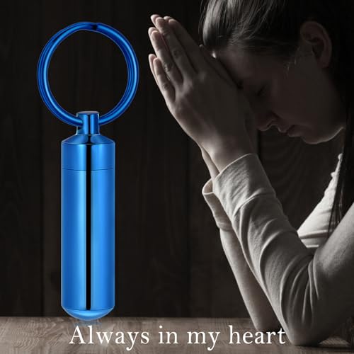 Cylinder Urn Necklace for Ashes with Glass Vials Cremation Jewelry Stainless Steel Ash Holder Keepsake Memorial Jewelry with Fill Tool - color: Keychain Blue