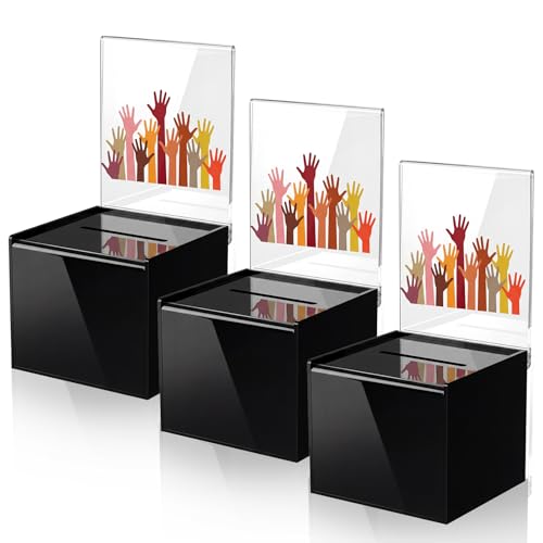 Bucherry 3 Pcs Acrylic Donation Box with Slot, 6 x 5 x 5 Inches Black Ballot Suggestion Raffle Ticket Box with Sign for Fundraising, Raffle, Collecting, Donating, Voting - color: Black
