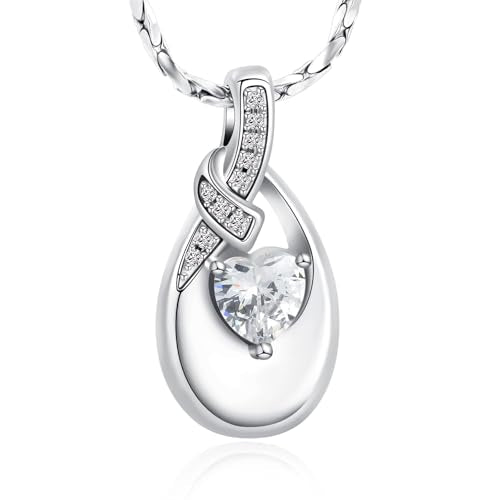Teardrop Urn Necklace for Ashes Birthstone Heart Memorial Jewelry Stainless Steel Cremation Pendant for Women Men Keepsake Gift - color: Silver