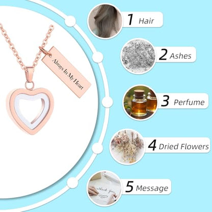 Glass Heart Cremation Urn Necklace for Ashes Stainless Steel Memorial Ash Pendant Keepsake Jewelry Cremation Jewelry for Women - color: Rose Gold-Always In My Heart